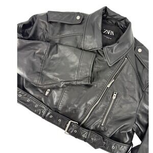 Zara Womens Black Faux Leather Belted Biker Moto Jacket‎ XXL